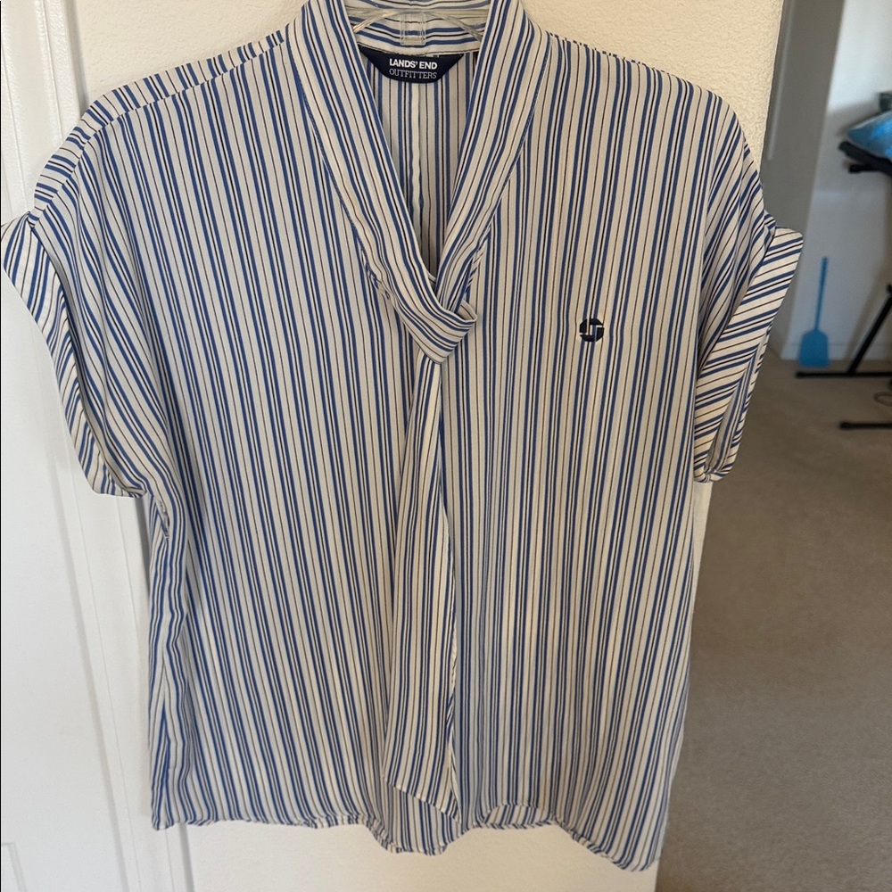 Lands' End Men's Casual Blue and White Striped Shirt